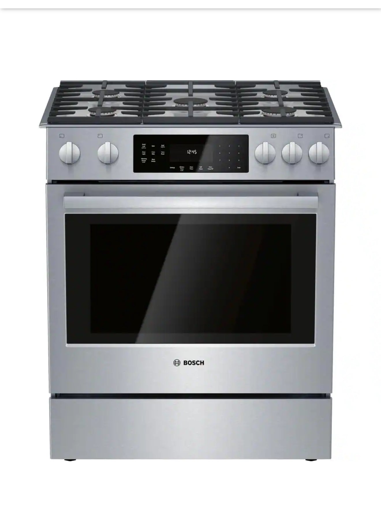 Bosch
800 Series 30 in. 5 Burner Slide-In Gas Range in Stainless Steel with 4.8 cu. Ft. True Convection and Self-Cleaning Oven