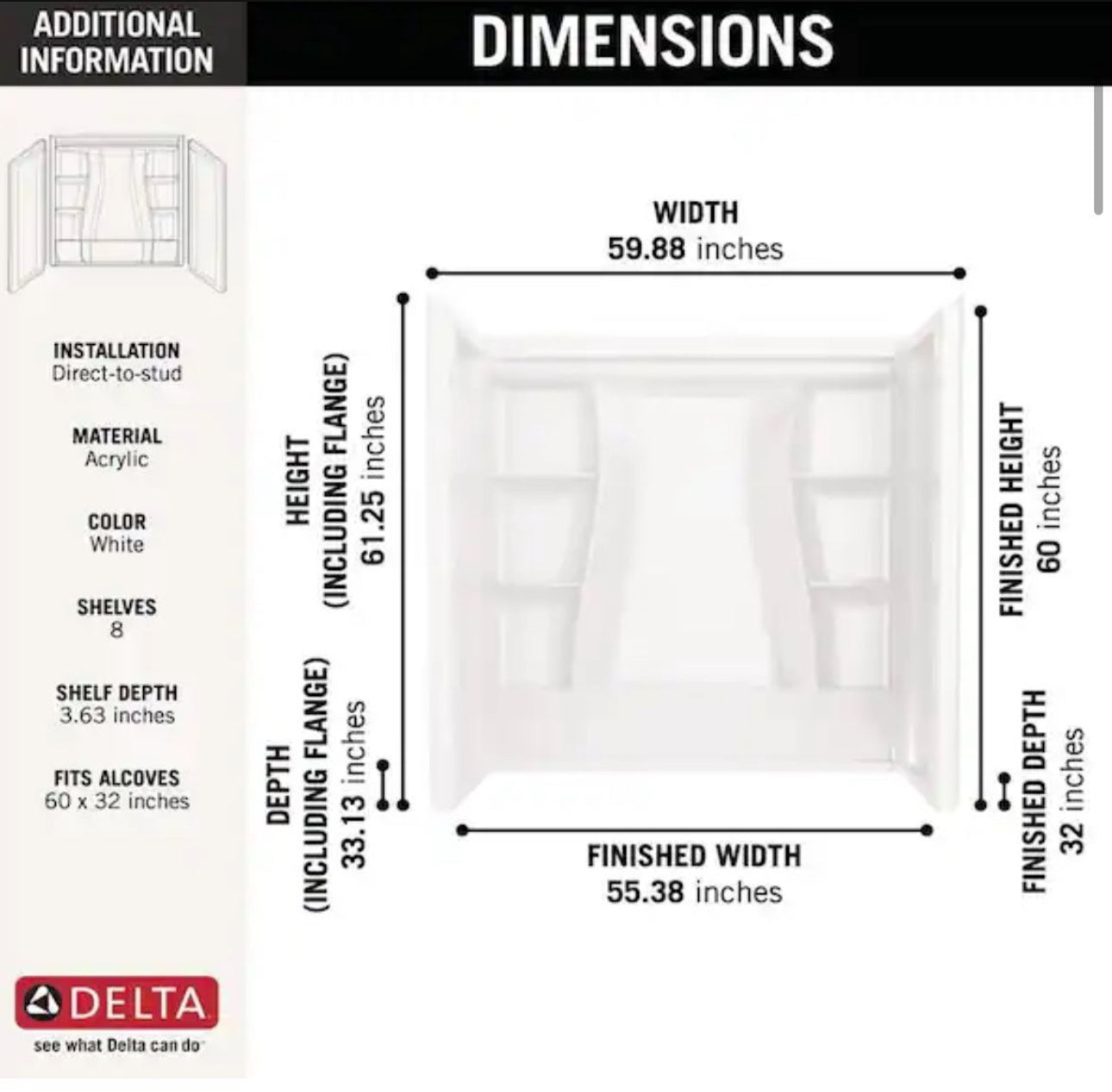 Delta Classic 500 60 in. W x 61.25 in. H x 32 in. D 3-Piece Direct-to-Stud Alcove Tub Surrounds in High Gloss White