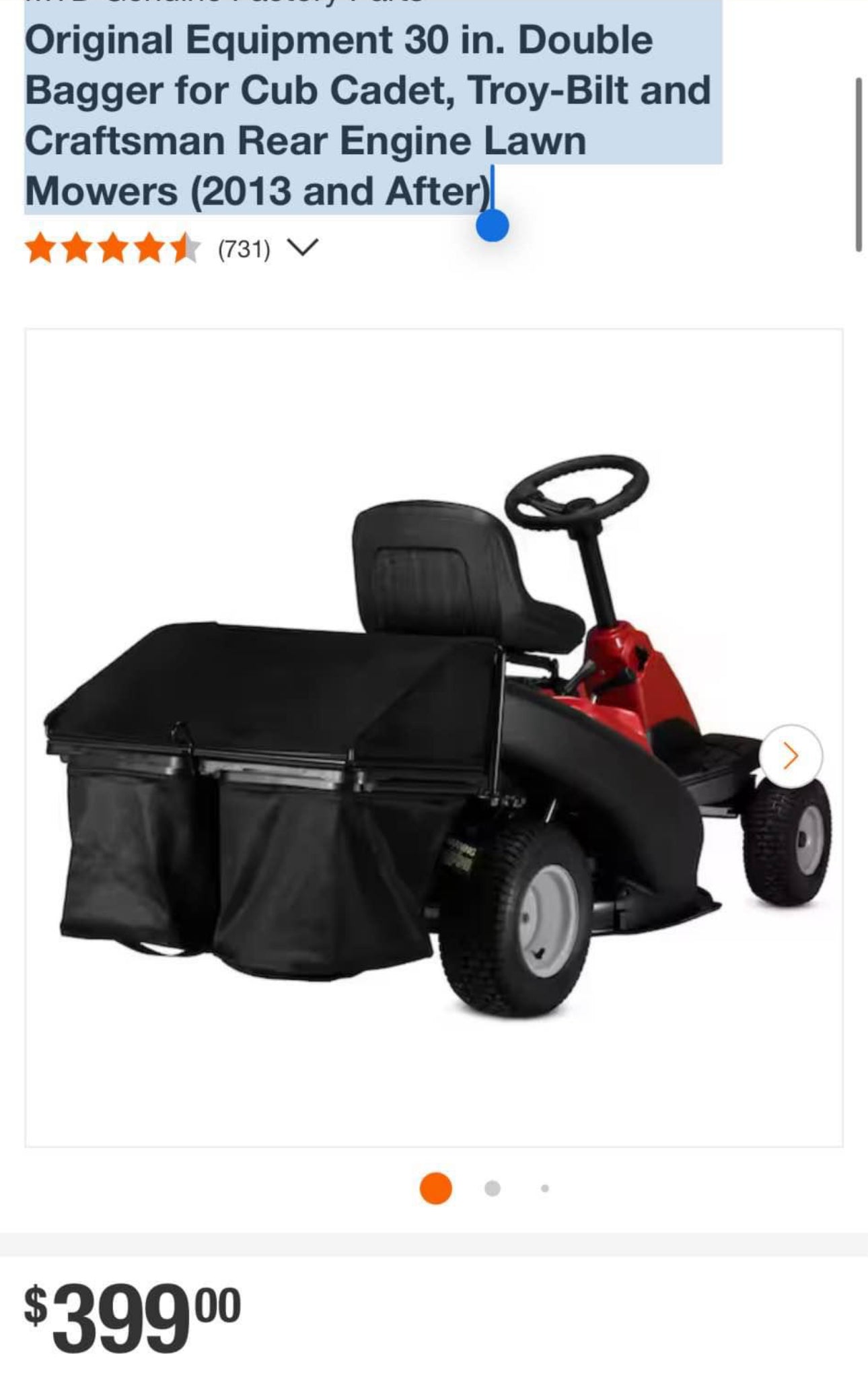 MTD Genuine Factory Parts
Original Equipment 30 in. Double Bagger for Cub Cadet, Troy-Bilt and Craf