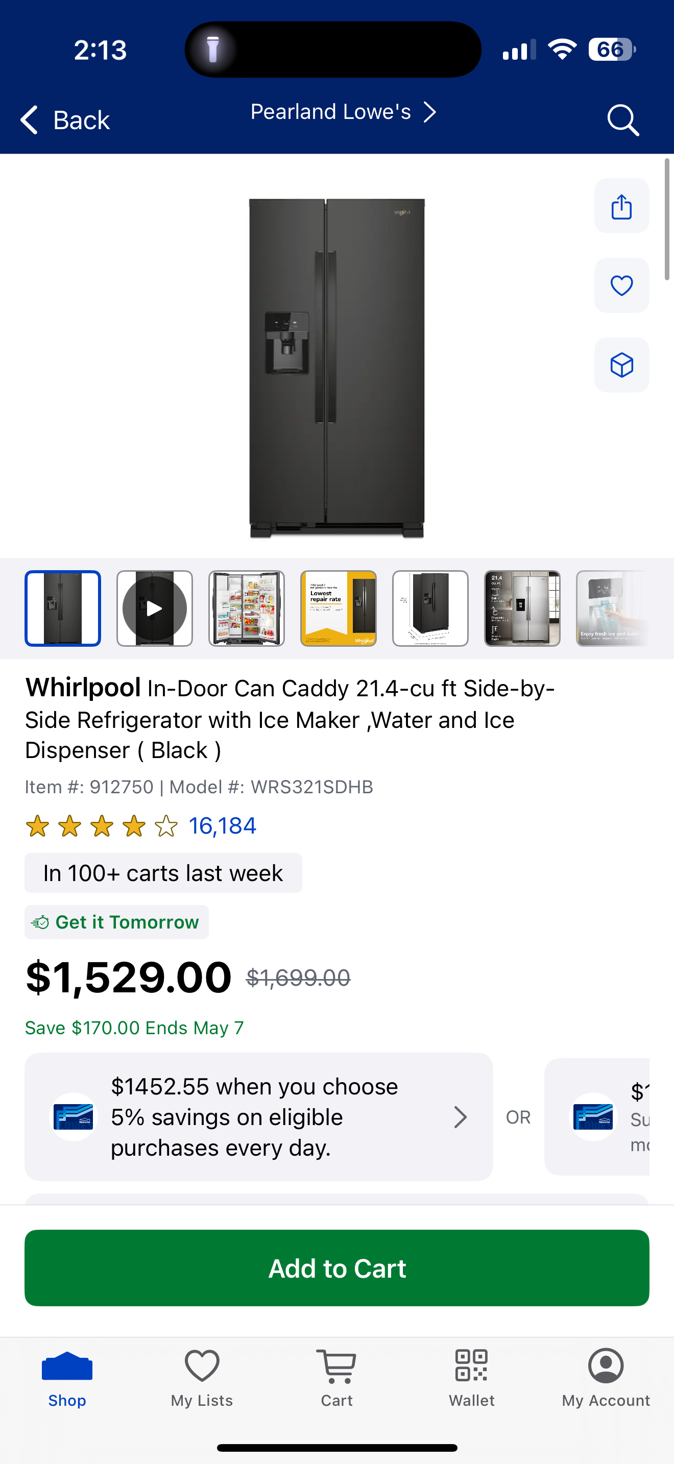 Whirlpool In-Door Can Caddy 21.4-cu ft Side-by-Side Refrigerator with Ice Maker, Water and Ice Dispe