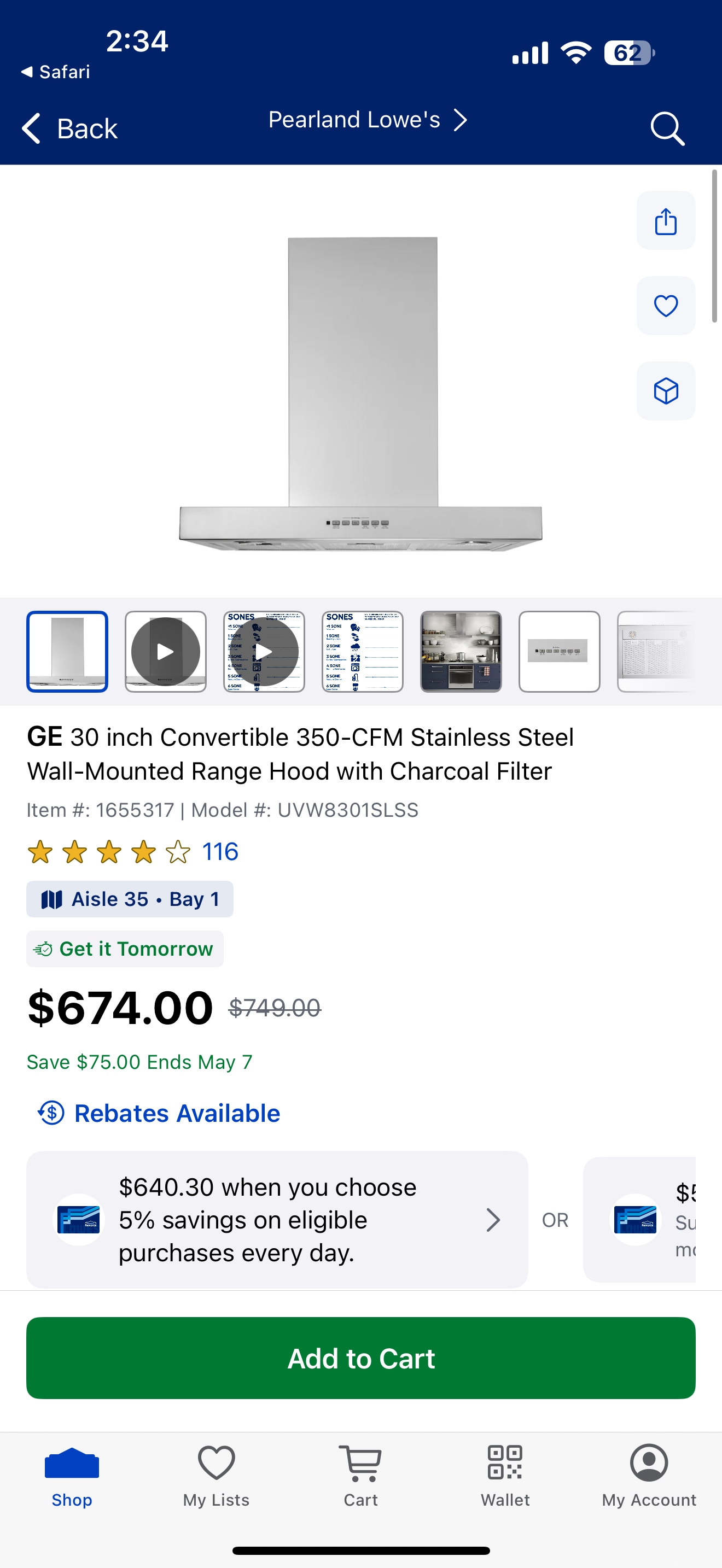 GE 30 inch Convertible 350-CFM Stainless Steel Wall-Mounted Range Hood with Charcoal Filter