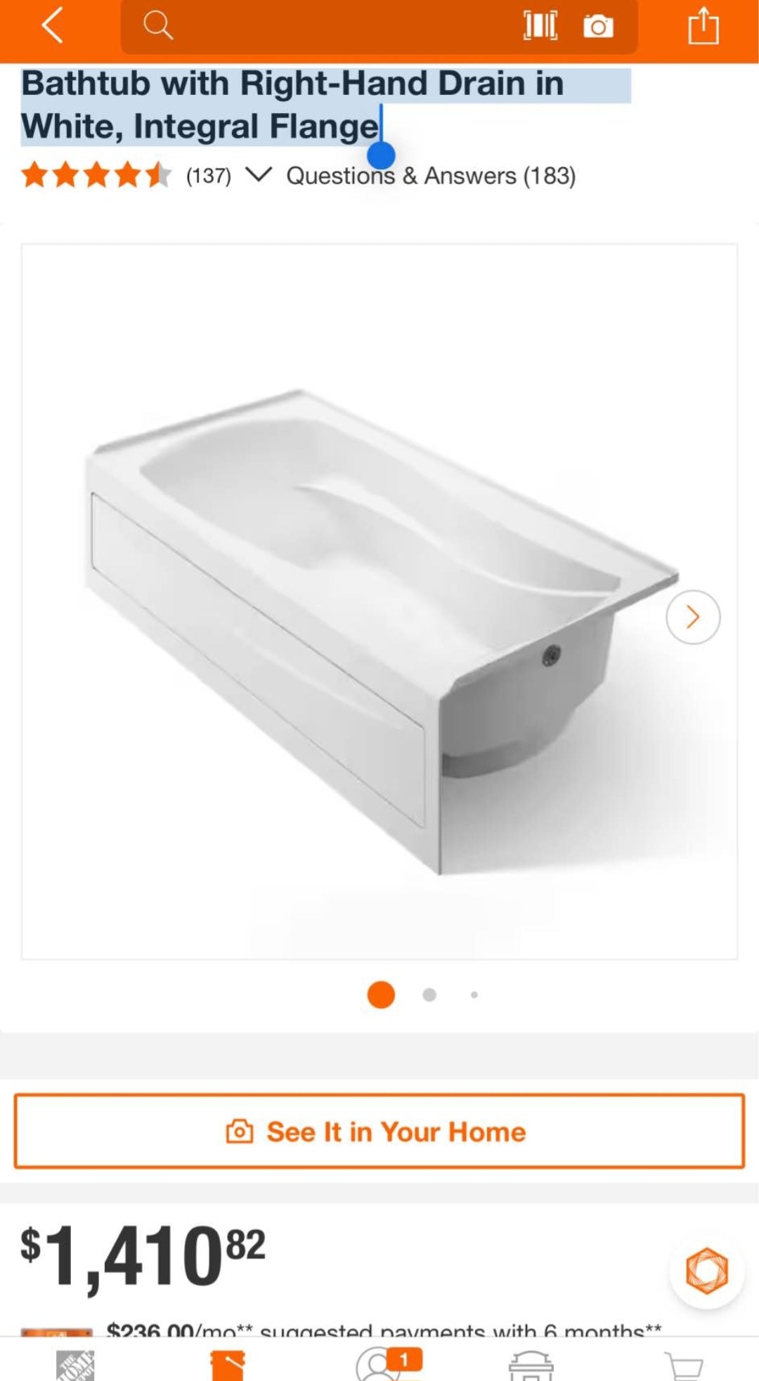 KOHLER
Mariposa 72 in. x 36 in. Soaking Bathtub with Right-Hand Drain in White, Integral Flange