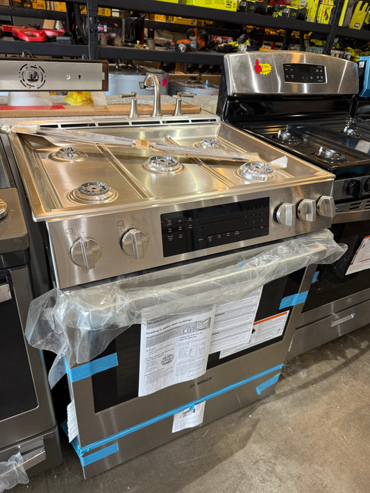 Bosch
800 Series 30 in. 5 Burner Slide-In Gas Range in Stainless Steel with 4.8 cu. Ft. True Convection and Self-Cleaning Oven